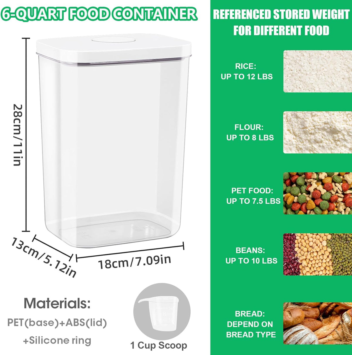 Airtight Flour Rice Storage Container with Pop-up Lid - 6 Qt | 11 Lbs Crystal-Clear Plastic Bread Container, Tall and Slim Storage Bin Fit for Kitchen Pantry Organization