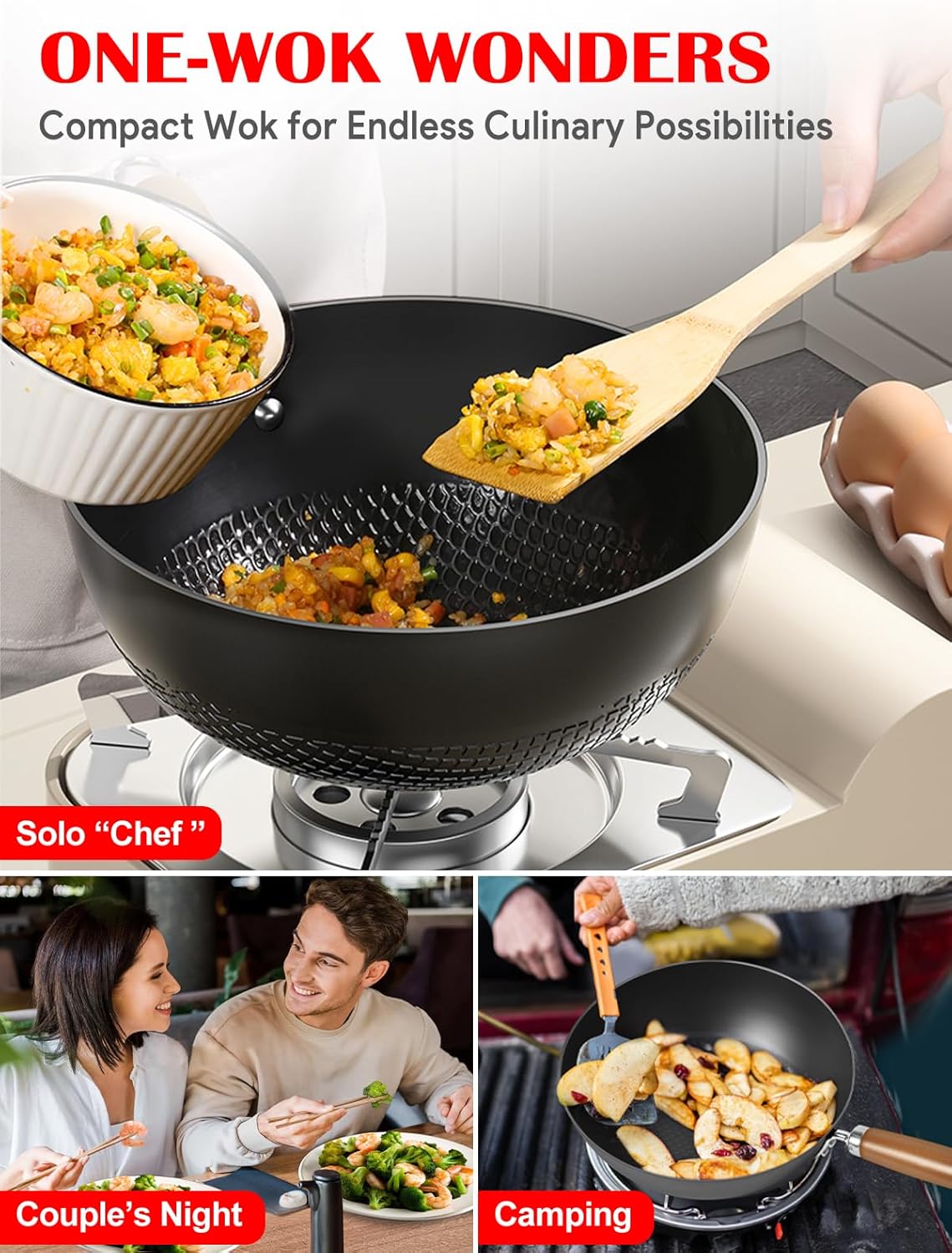 Carbon Steel Pan, 9.5-Inch Stir-Fry Woks & Pans Set with Glass Lid, 1.65lb Lightweight No Chemical Coated Flat Bottom Small Wok for 1-2 Servings