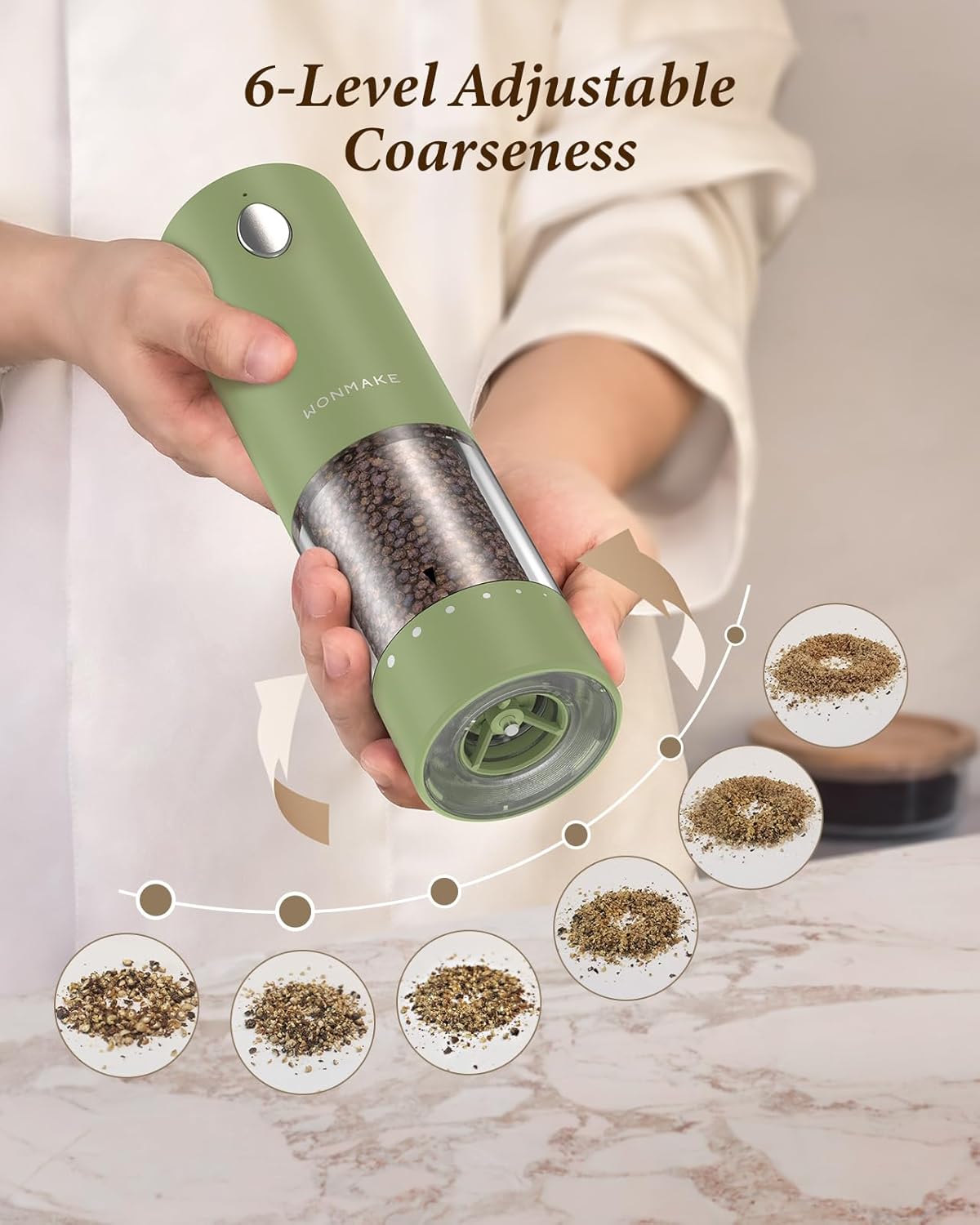 Electric Salt and Pepper Grinder Set - Automatic Refillable Salt and Pepper Grinders with Charging Base & LED Light, 6-Level Adjustable Coarseness with External Dial, Ideal Kitchen Gadget，Green