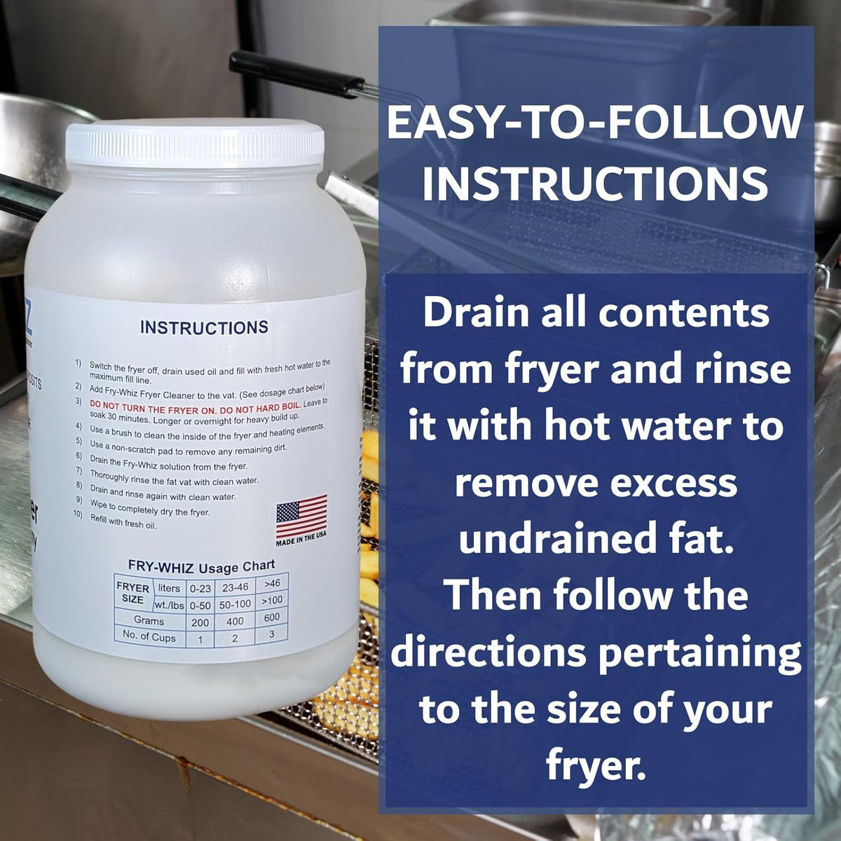 Fry-Whiz Deep Fryer Cleaner, Deep Fryer w/Basket Cleaner, Fryers Boil Out Powder for Cleaning Commercial Fryers, Removes Carbon, Grease, Food Stain, Rust, Cleaning Supplies for Food Service(1-Gallon)