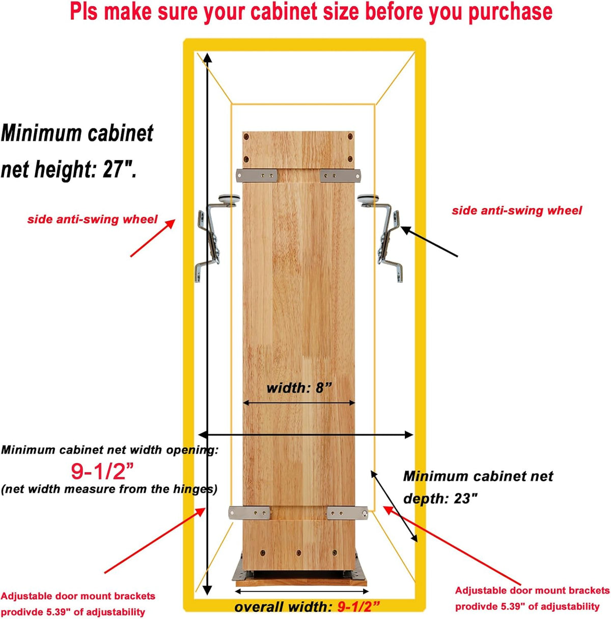 DINDON Pull Out Spice Rack Cabinet Organizer, (8" W x 21.9" D x 25.2" H) Multi-Use Soild Wood Pull Out Cabinet Organizer Slide Out Shelf Sliding Base Cabinet Storage Organization