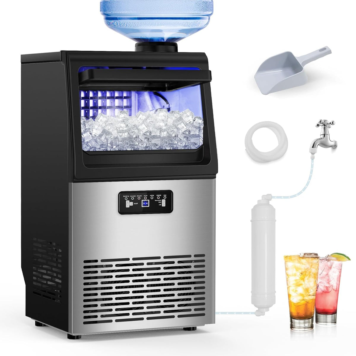 Commercial Ice Maker Machine 100Lbs/24 with 20 Storage Bin, 36Pcs Ice Cubes 9-15Mins, Dual Water Inlet Options Stainless Steel Under Counter/Freestanding Ice Cube Machine for Home, Party, Office