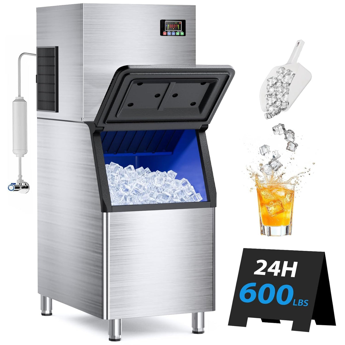Commercial Ice Machine Maker 600lbs/24H, Ice Ready in 5-15 min, 400lbs Large Storage Bin, Stainless Steel Ice Machine with Water Line Hookup, 12 Adjustable Ice Thicknesses