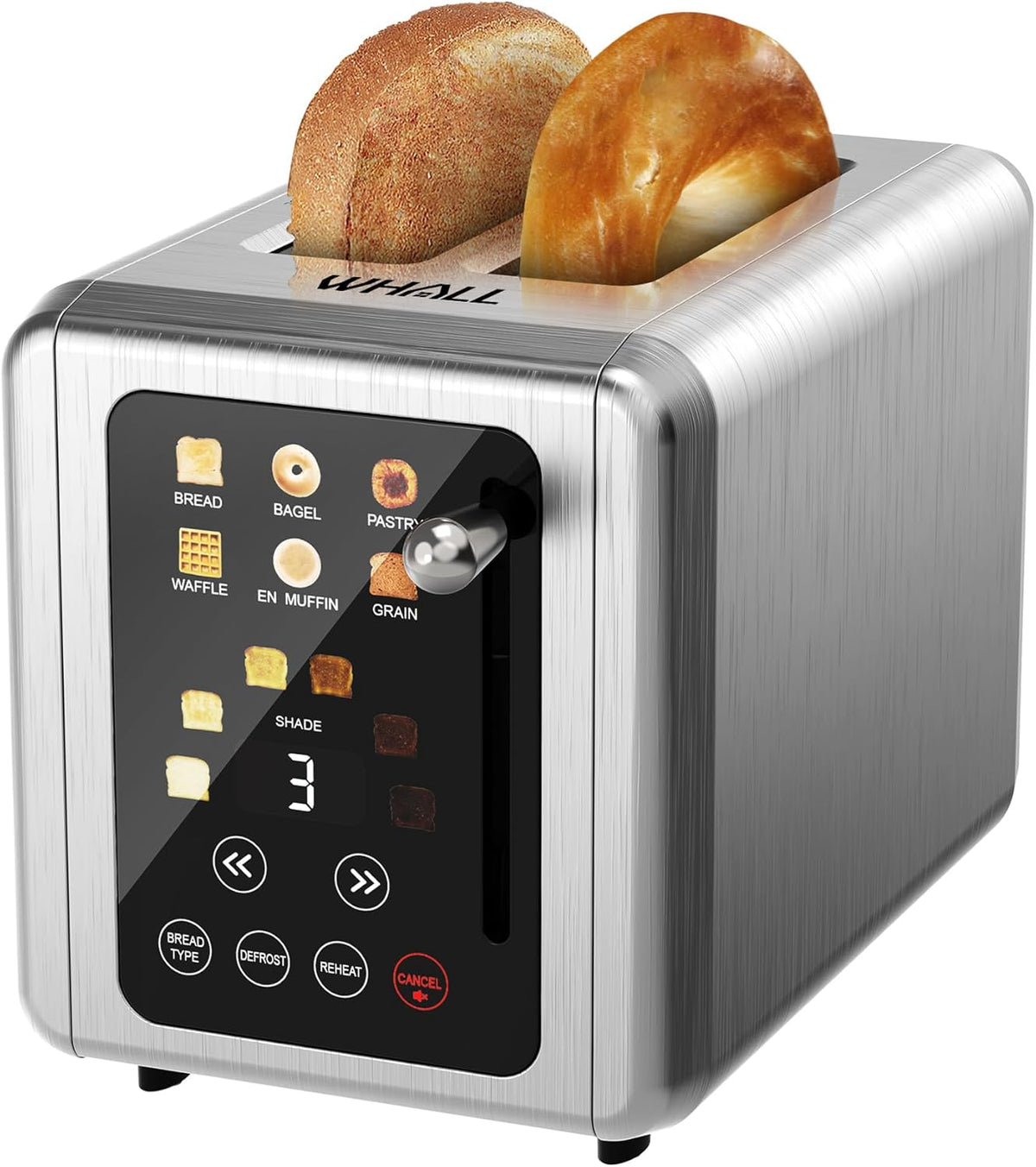WHALL® Touch Screen Toaster 2 Slice, Stainless Steel Digital Timer Toaster, 6 Bread Types & 6 Shade Settings, Smart Extra Wide Slots Toasters With Bagel, Cancel, Defrost Functions