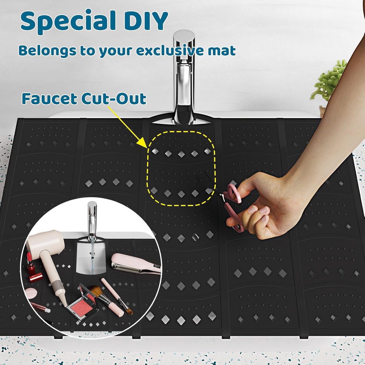 Bathroom Sink Cover for Counter Space, Sink Mat Foldable Sink Cover, Silicone Makeup Organizer Mat Space Saver, Small Bathroom & Rv Camper Travel Must Haves Accessories, Black