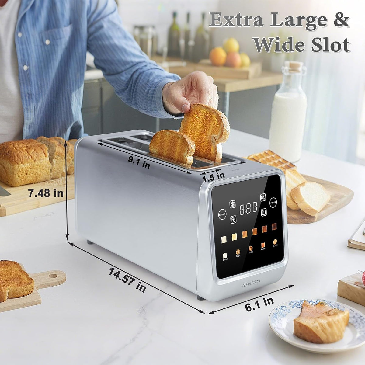 Long Slot Toaster 4 Slice, Touch Screen LED Display, 1.5” Extra Wide Slots for Thick Bread & Bagels, Countdown Timer, Memory Function, Dual Independent Control, 6 Shade Settings, Stainless Steel