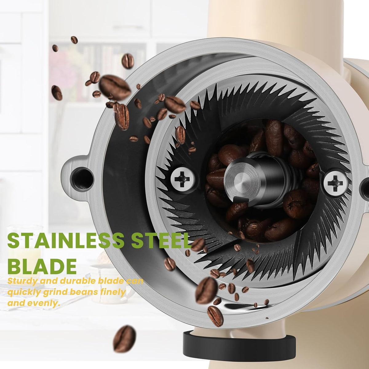 Electric Coffee Grinder Burr Espresso Coffee Bean Grinder Small Automatic Stainless Steel Coffee Mill With Brush, Creamy White