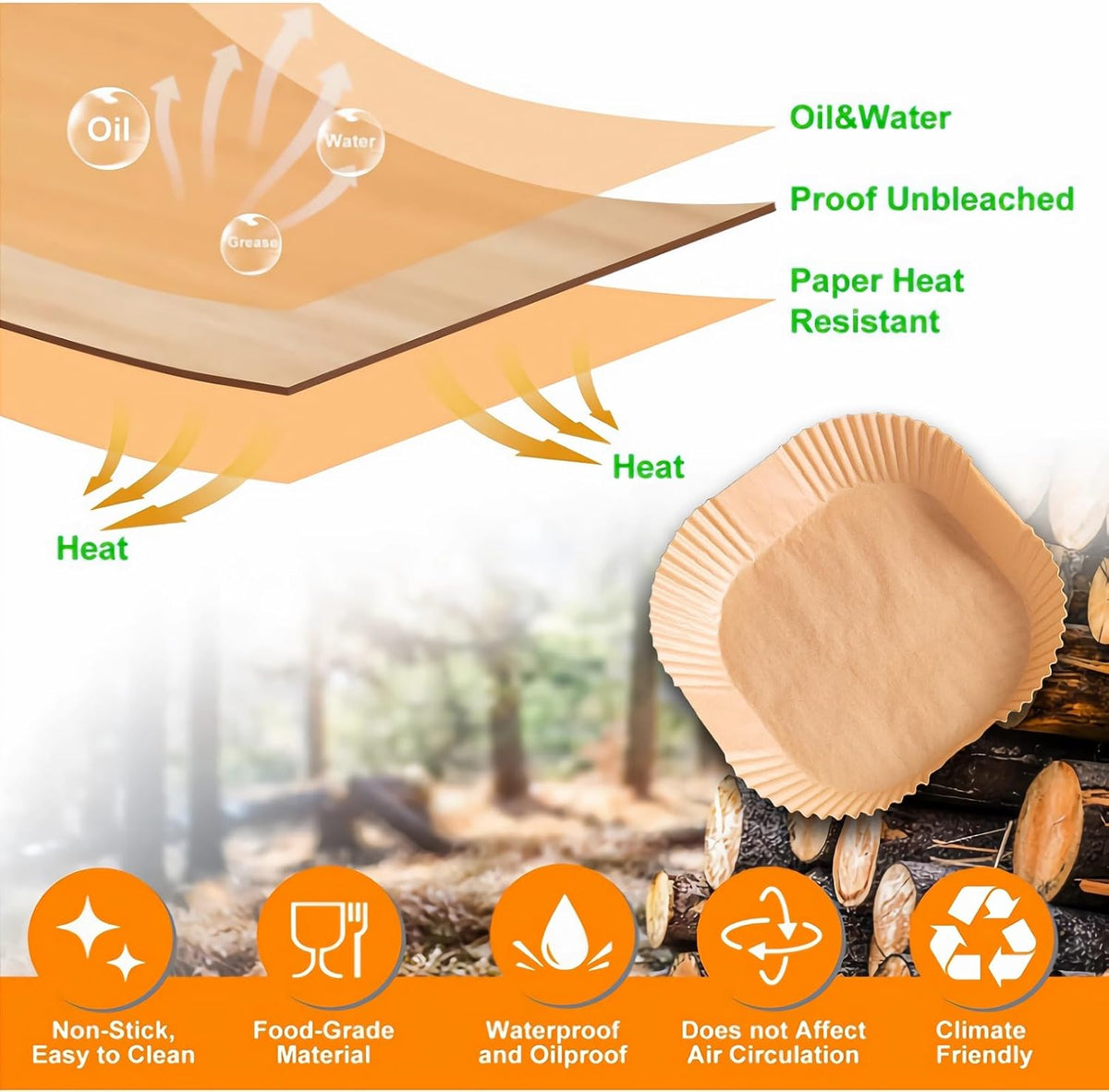 Air Fryer Disposable Paper Liner, Natural Baking Parchment Paper Air fryer liners,Thickened Oil-Proof High Temperature,for Air Fryers,Ovens,Pan and Microwaves (9inch-XL-Thick, square-Brown)