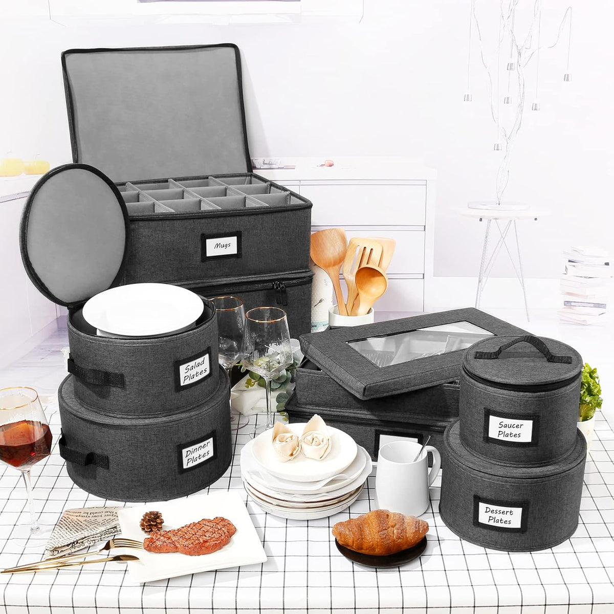 HOMELUX THEORY Wine Glass Storage Box with Dividers, Hard Shell China Storage Containers, Heavy Duty Glassware Storage Box & Stemware Storage Container with Lid, Thick Surface, and Sturdy Handle