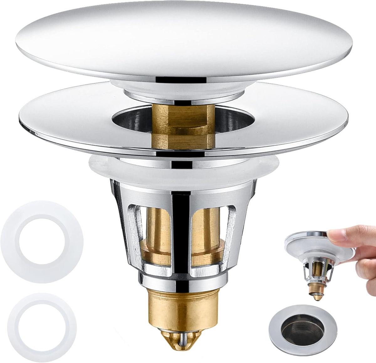 Universal 3-in-1 Bathroom Sink Stopper - Chrome Pop Up Sink Drain Stopper, Push Button Sink Drain Stopper Replacement, Wash Basin Drain Filter Plug with Anti-Clogging Strainer, (Large Cover)