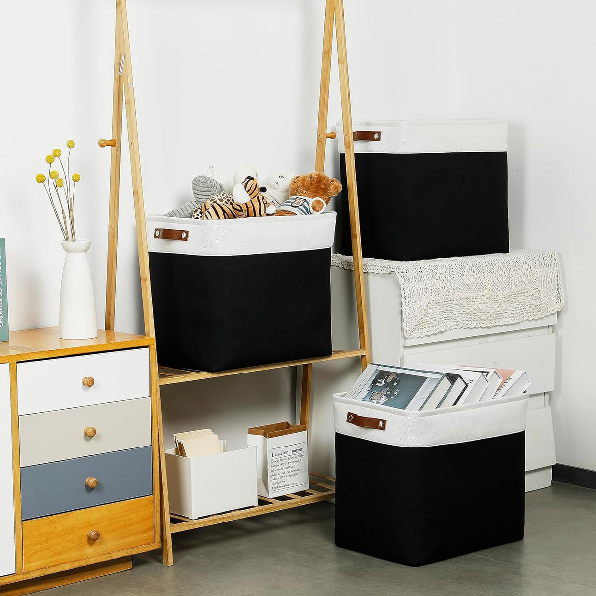 DULLEMELO Fabric Storage Baskets 3 Pack - 17x12x15 inch Large Foldable Fabric Organizer for Storage Decorative Storage Bins for Home,Closet(White&Black)