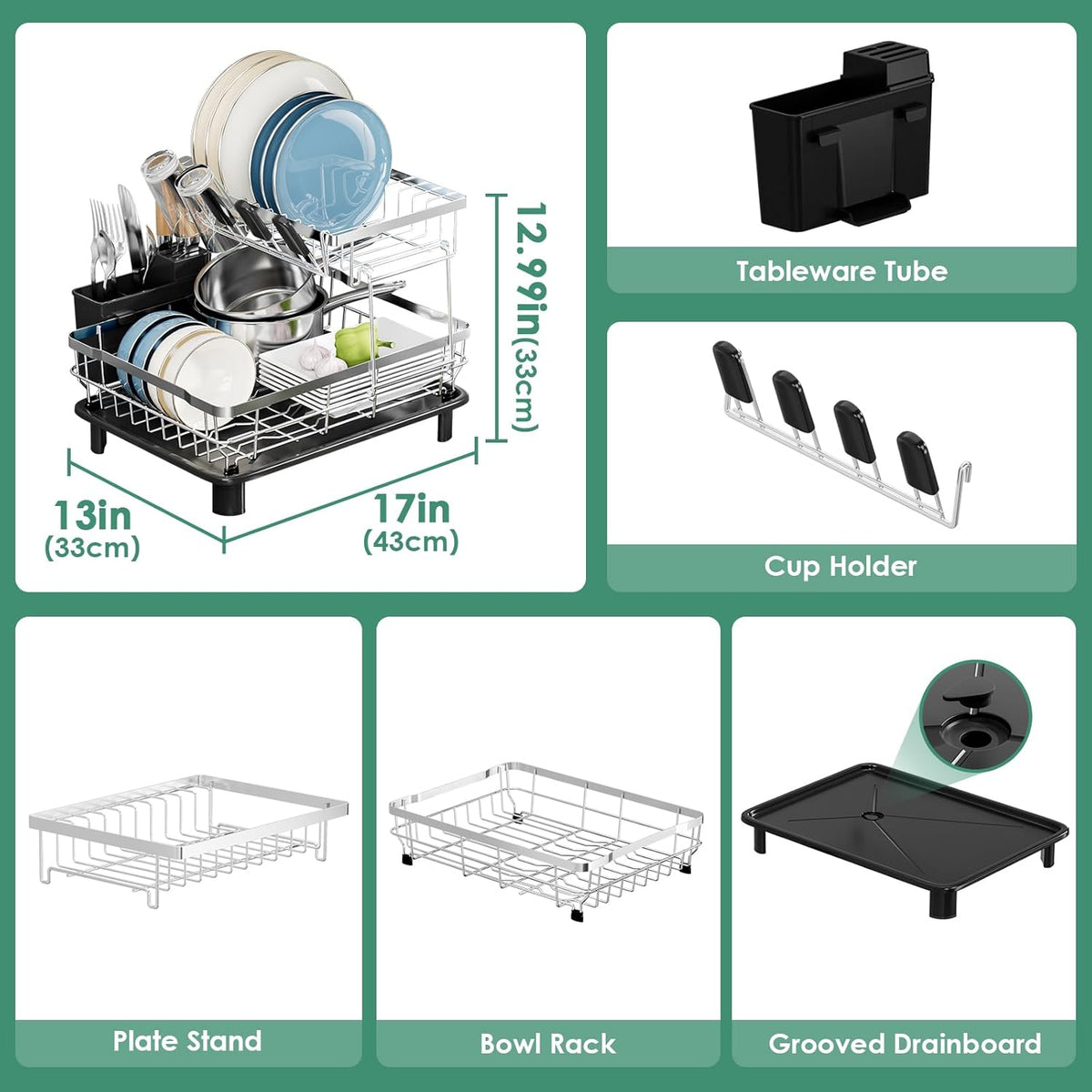 MOUKABAL Dish Drying Rack - 2 Tier Stainless Steel Dish Rack, Dish Racks for Kitchen Counter, Drying Rack Kitchen with Removable Utensil Holder and Drainboard (Black)