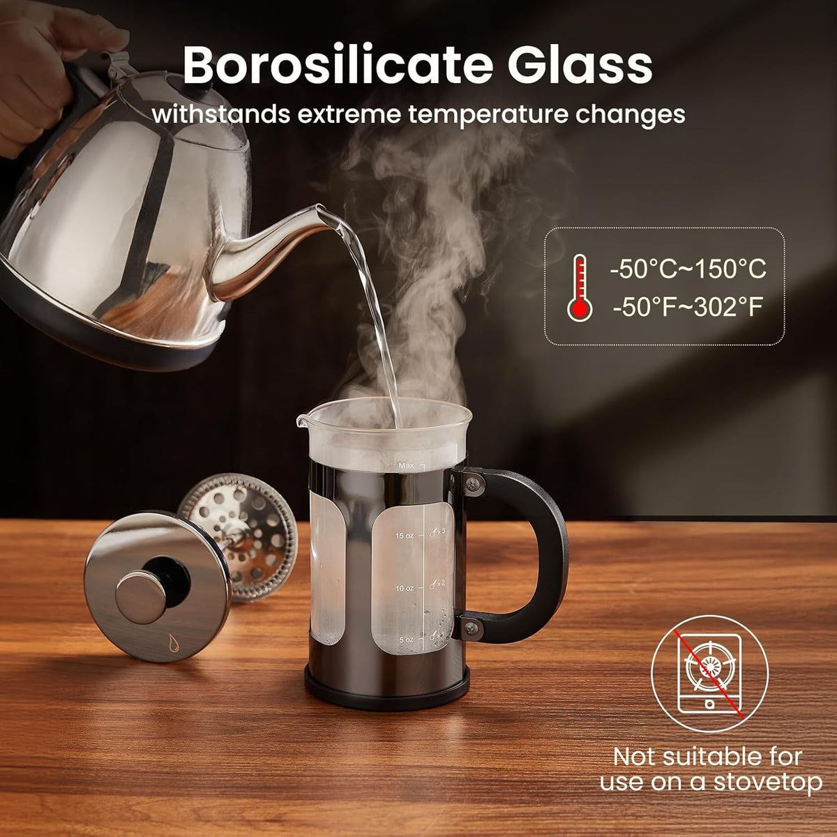BAYKA 21 Ounce 0.6 Liter French Press Coffee Tea Maker Small, Heat Resistant Thickened Borosilicate Glass Stainless Steel Single Serve Brewer, Cold Brew Cafetera Teapot, Dark Pewter