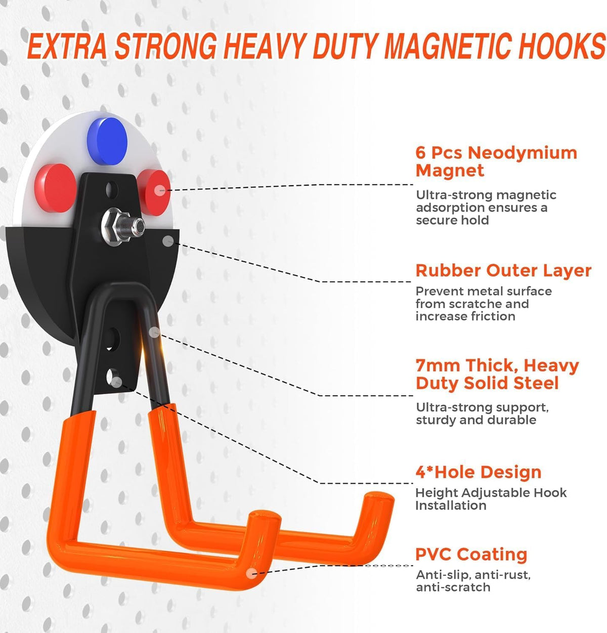 12 Pcs Magnetic Hooks Heavy Duty, Large Strong Magnetic Storage Hook for Hanging Garage Tool, 66mm Magnet Hooks with Anti-Slip Coating, Magnetic Holder for Power Drill/Metal Cabinet/Garden Tools