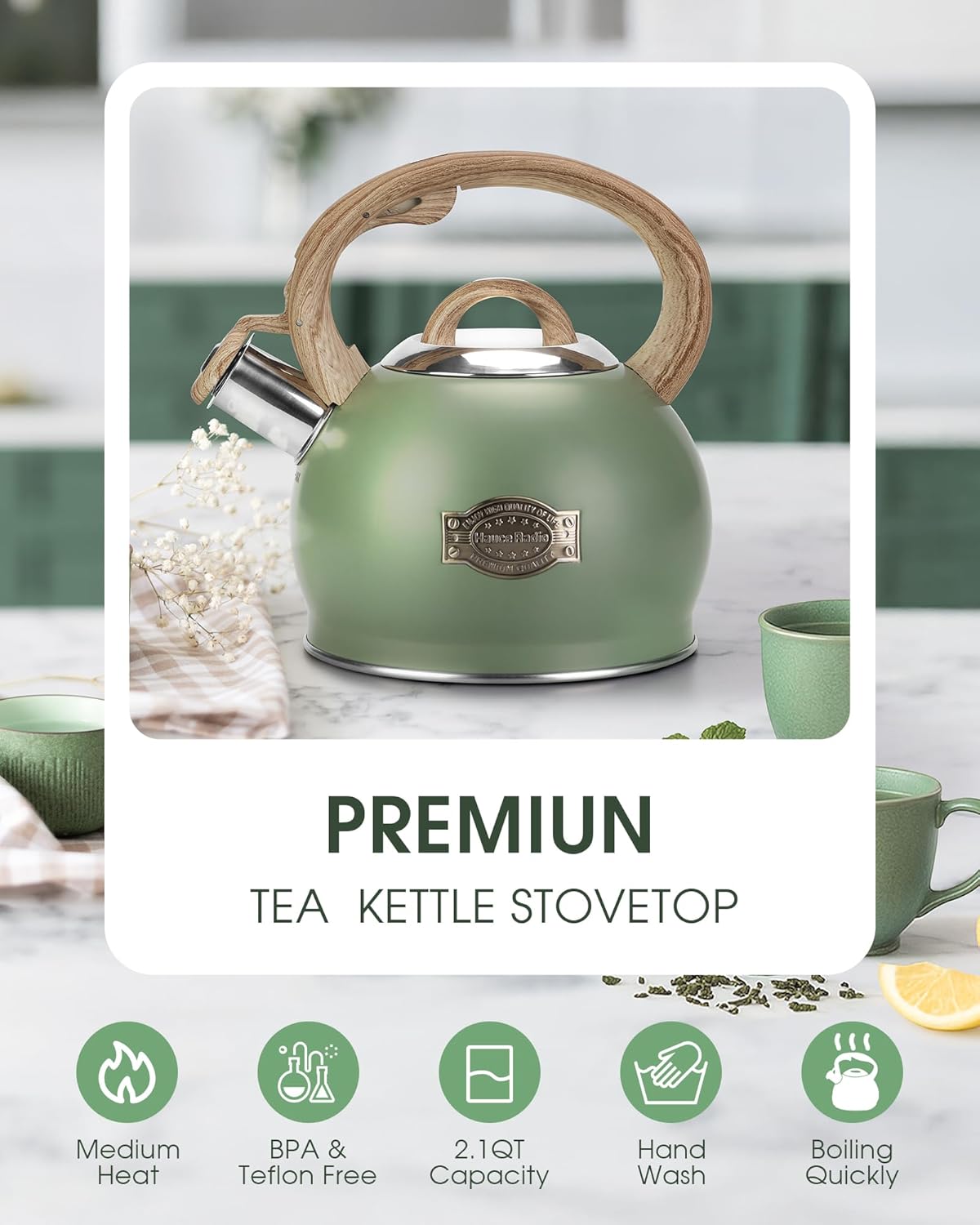 Tea Kettle Stovetop, 2.1 Quart Stove Top Whistling Tea Kettle, Teapot Kettles with Food Grade Stainless Steel and Wood Pattern Folding Handle, Suitable for All Heat Sources