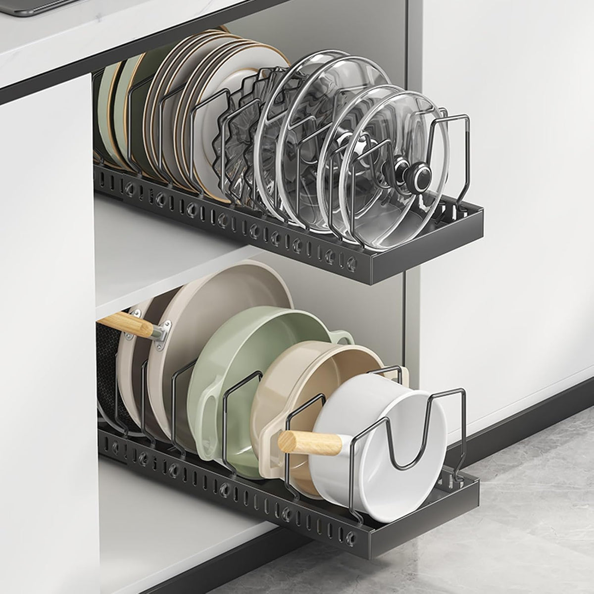 Expandable Pots and Pans Organizer Under Cabinet, Sliding Pot Lid Holder and Pan Rack in Kitchen, Pull out Kitchen Cabinet Storage, with 10 Adjustable Dividers
