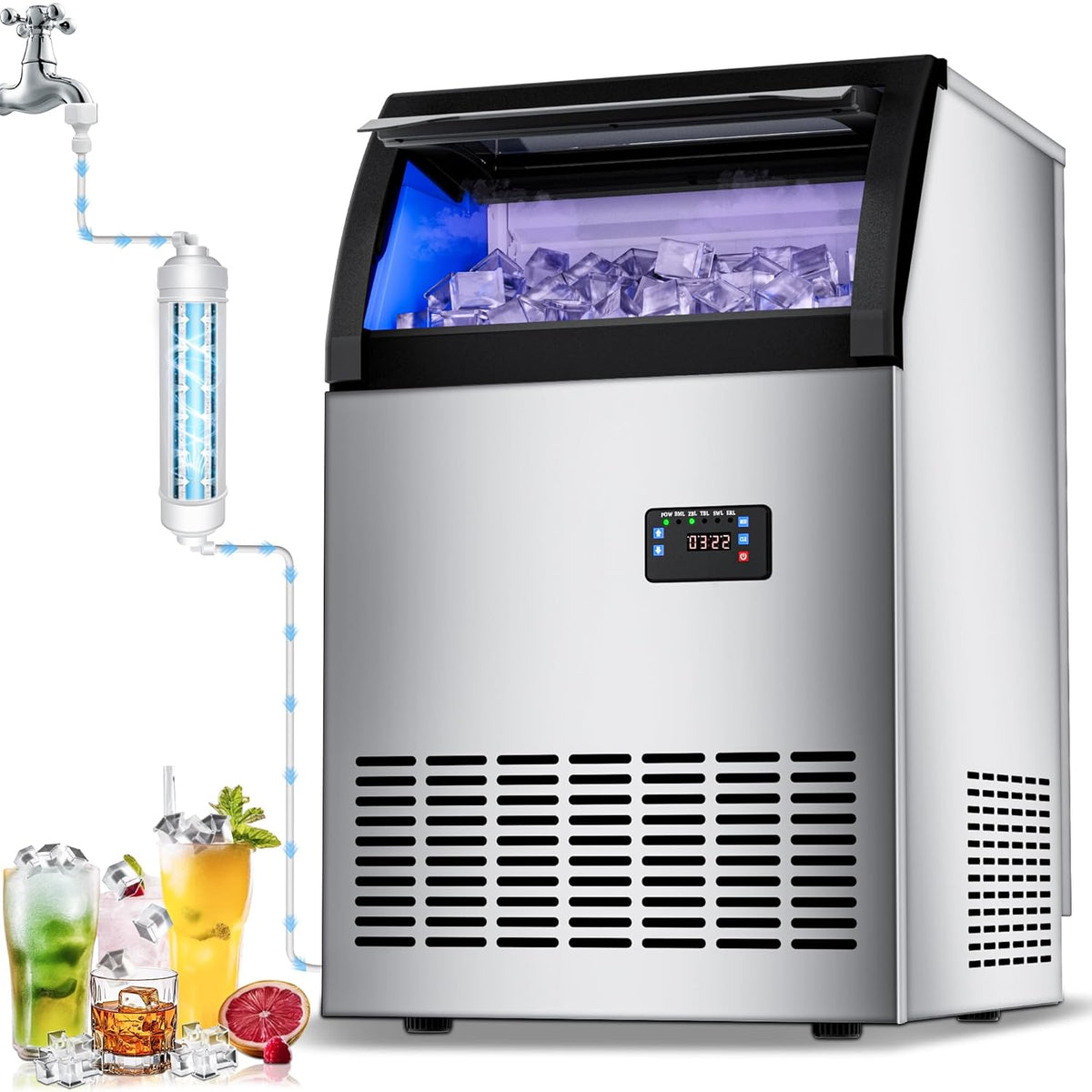 Commercial Spout Drench Ice Maker Machine 150Lbs/24H,Stainless Steel Under Counter Ice Maker 100lbs Storage with 50 Ice Trays,Freestanding Ice Maker Self-Cleaning for Homes Restaurants Bars Cafe
