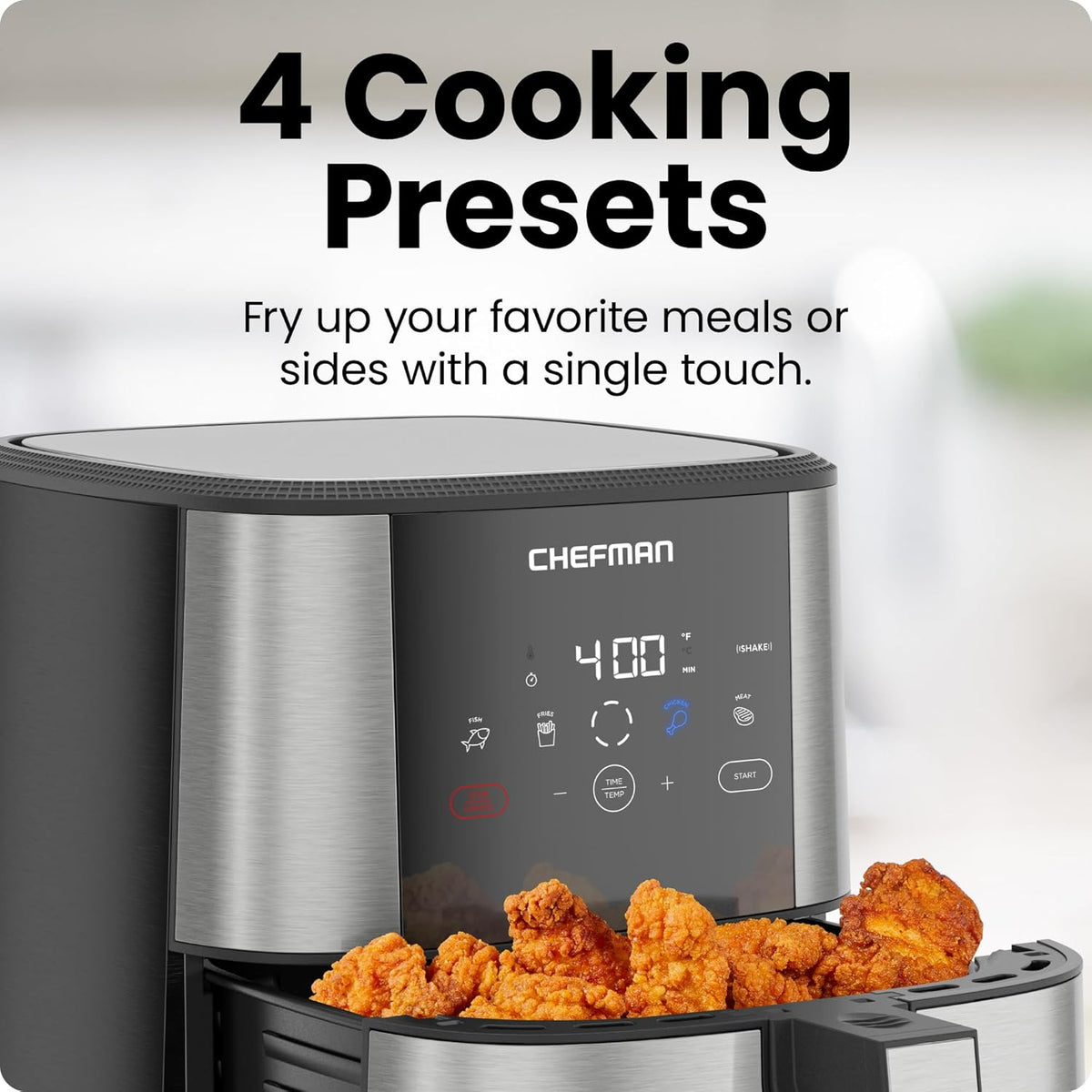 Chefman TurboFry Touch Air Fryer, Large 5-Quart Family Size, One Touch Digital Control Presets, French Fries, Chicken, Meat, Fish, Nonstick Dishwasher-Safe Parts, Automatic Shutoff, Stainless Steel