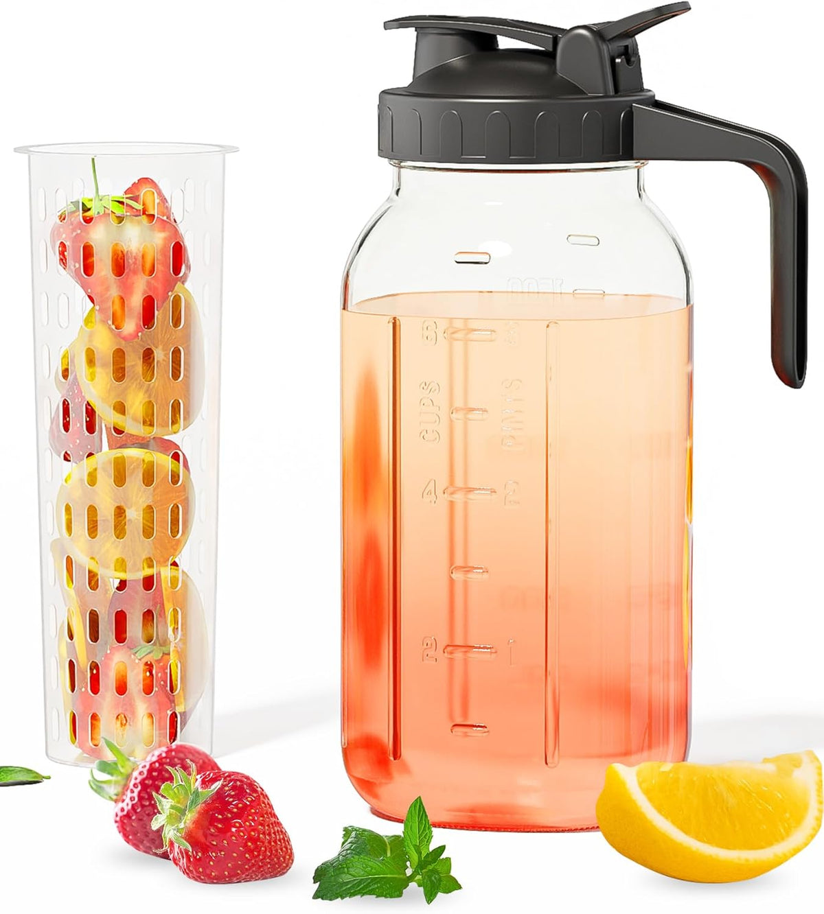 64oz Glass Pitcher with Fruit Infuser, 2 Quart Wide Mouth Mason Jar Pitcher with Airtight Flip Top Lid, Leakproof Fridge Door Water Jug for Iced Sun Tea, Juice Making - Black