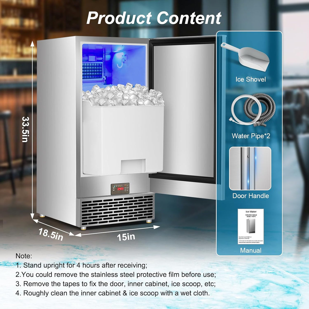 Commercial Ice Maker Machine 120 LBS/24H, 60 LBS Cold Preservation Bin for 4-6 H, Freestanding Undercounter Ice Maker Stainless Steel, 40 Ice Trays Built-in Ice Machine for Restaurant Bar Kitchen Cafe