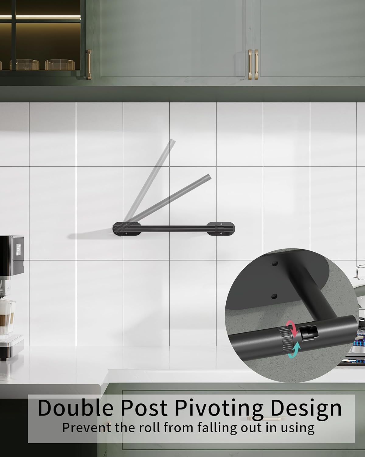 Paper Towel Holder Under Cabinet, Self Adhesive or Wall Mounted SUS304 Stainless Steel Paper Towel Holder for Kitchen, Bathroom(2 Towel Hooks, Matte Black)