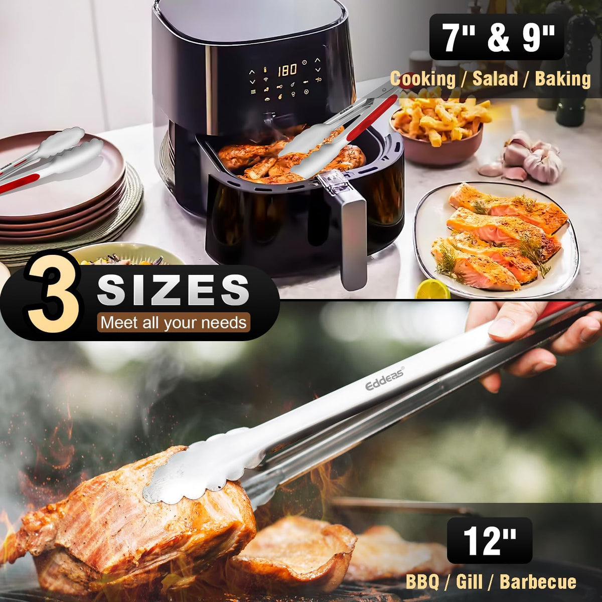 Tongs For Cooking - 7",9" and 12 inch Kitchen Tong Heat Resistant 600 Degrees Stainless Steel Tongs, Heavy Duty Metal Locking Tong, Perfect for Food, BBQ Red Set of 3