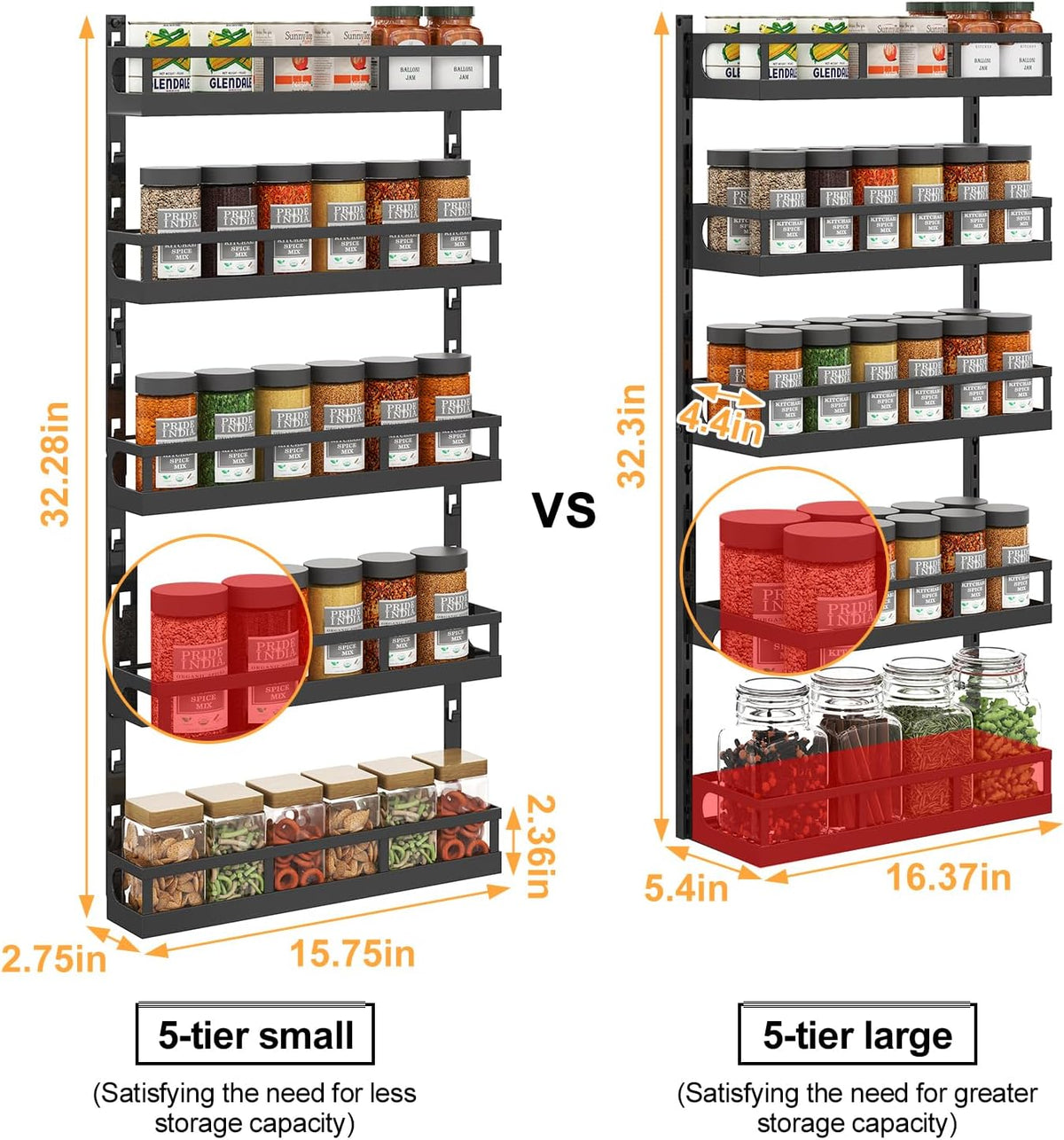 X-cosrack 5-Tier Small Wall-Mounted Spice Rack Organizer, Height-Adjustable, Space-Saving Compact Design for Kitchen Pantry Cabinet, Black