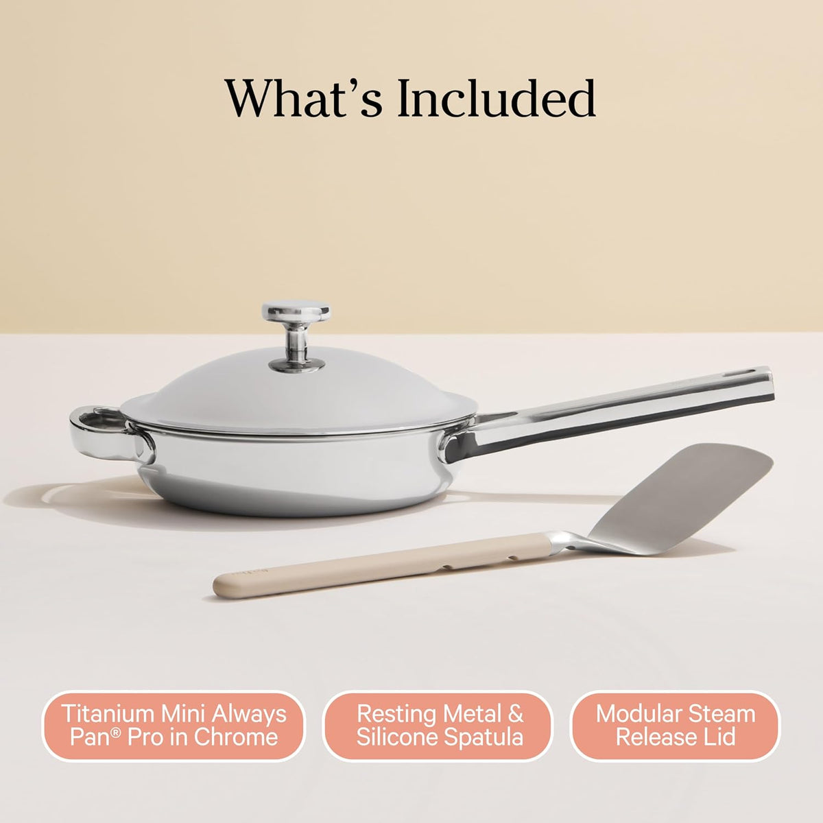 Our Place Titanium Mini Always Pan Pro - 8.5” (1.48 Qt) No-Coating Nonstick Skillet | Tri-Ply Titanium & Stainless Steel | Safe for Oven, Induction & Cooktops up to 1000°F | Includes Spatula | Chrome