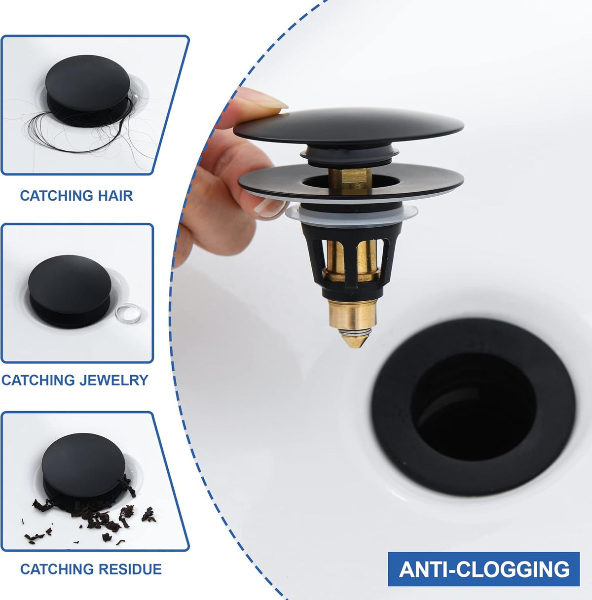 Universal Bathroom Sink Stopper - Pop Up Sink Drain Stopper, Push Button Flixfilter Sink Drain Stopper Replacement, Wash Basin Drain Filter Plug Anti-Clogging Basket, Matte Black