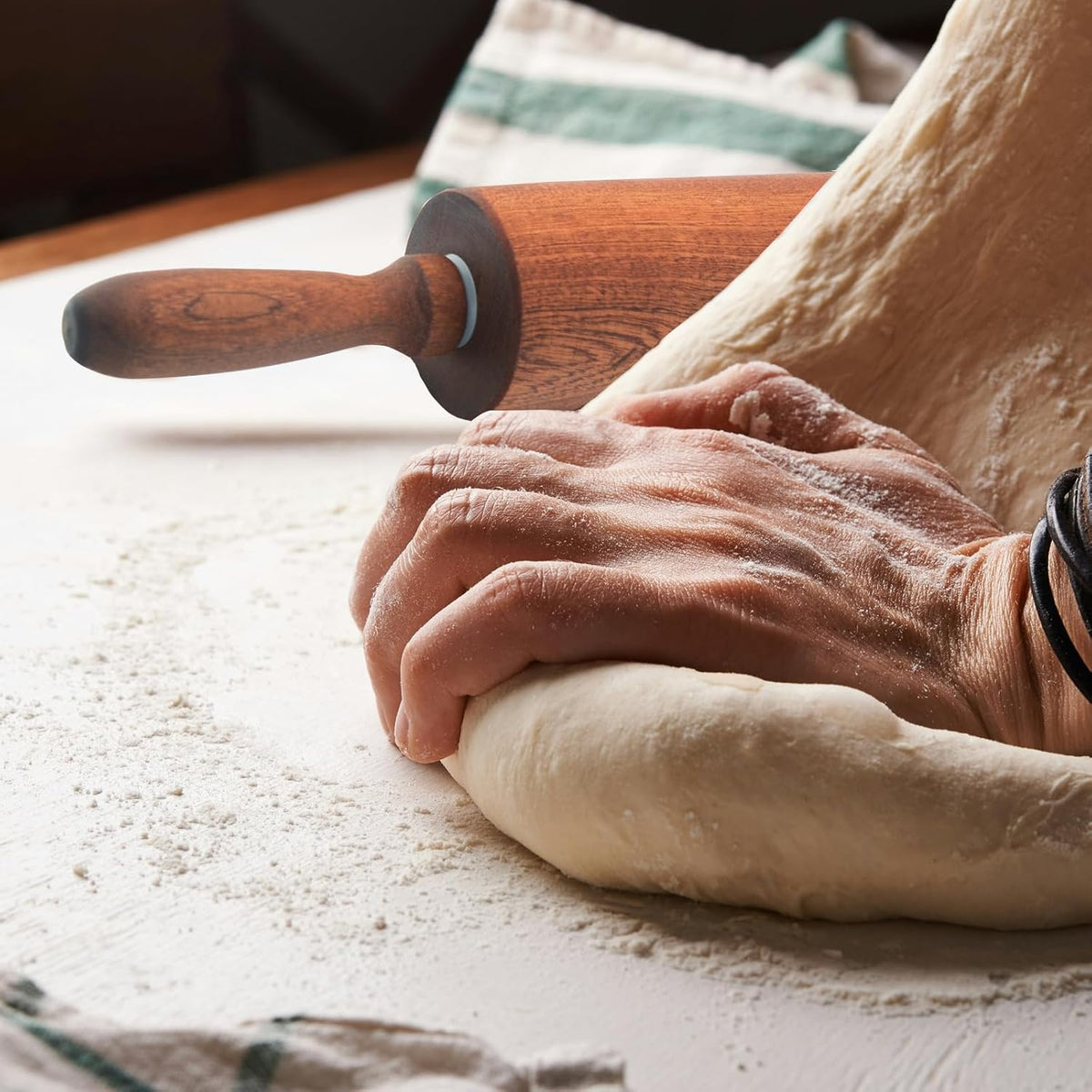 Classic Sapele Wooden Rolling Pin With Handles,Wood Baking Roller Large (17.3"L x 2.3"W)