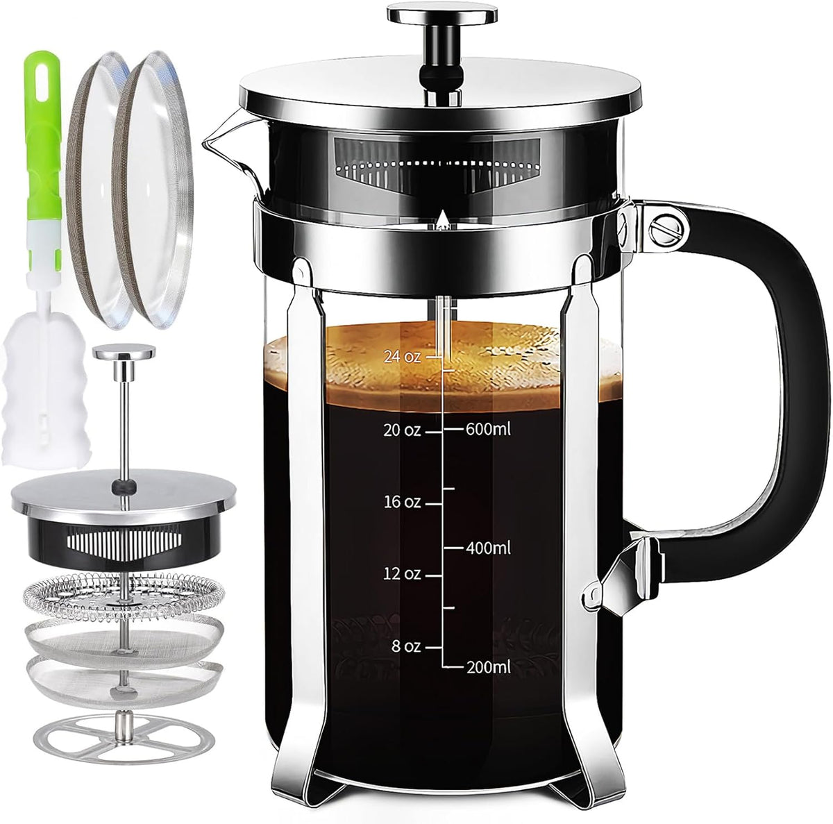 French Press Coffee Maker 304 Stainless Steel Coffee Press,with 4 Filters System, Heat Resistant Thickness Borosilicate French Press Glass, BPA-Free Brewed Tea Pot Coffee Plunger