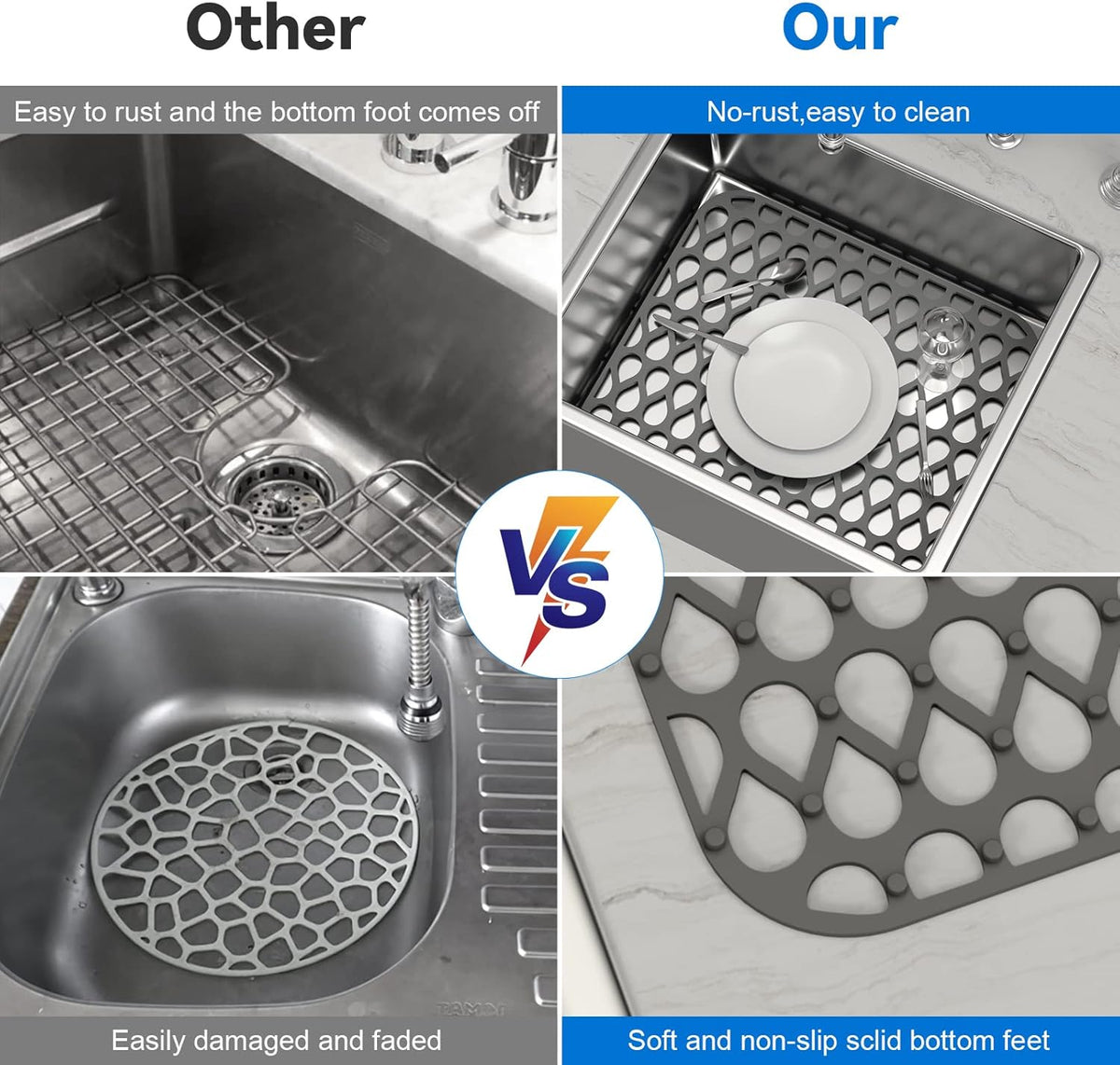 Silicone Sink Mat 2PCS TOOVEM Sink Protectors for Kitchen Sinks, Non-Slip Folding Grid for Bottom of Farmhouse Stainless Steel Porcelain Sink Pad