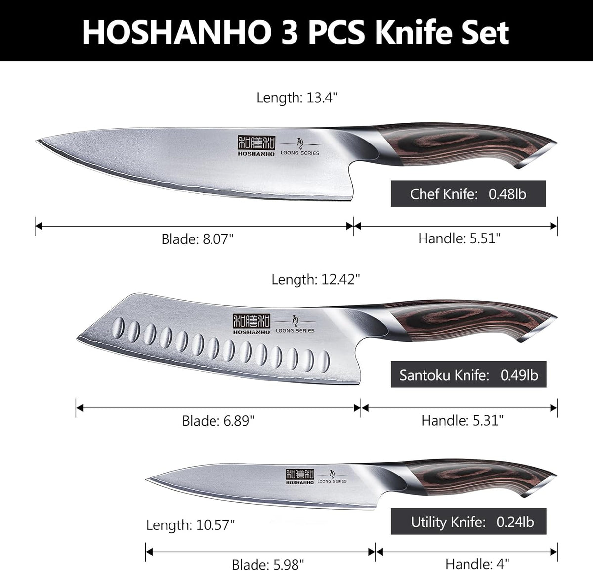3 Pieces Knife Set, Professional Japanese High Carbon Stainless Steel Kitchen Knife Set, Ultra Sharp Chef Knives Sets with Ergonomic Pakkawood Handle