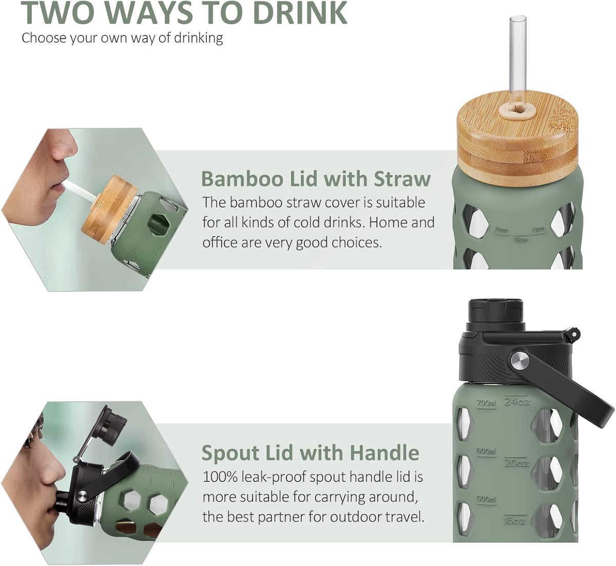 MUKOKO 24oz Glass Water Bottle with 2 Lids-Handle Flip Lid&Bamboo Straw Lid,Motivational Water Tumbler with Time Marker Reminder and Silicone Sleeve, Leakproof-Olive