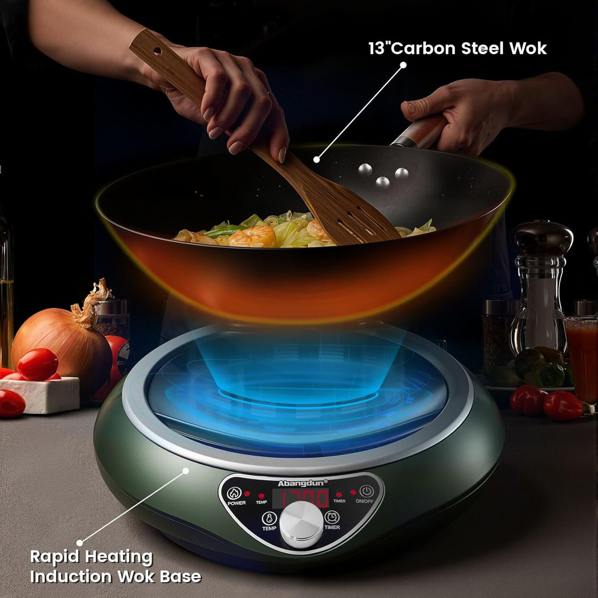 Induction Cooktop,1700W/85V~120V Induction Burner Portable Electric Wok,13-inch Carbon Steel Wok Included