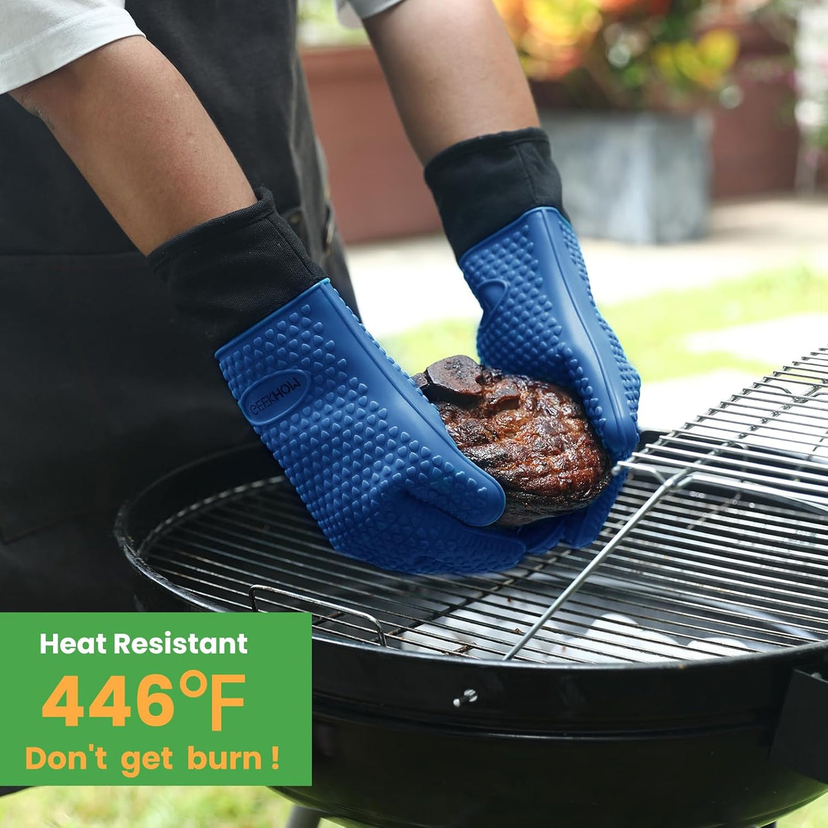GEEKHOM BBQ Gloves Heat Resistant Oven Mitts - Silicone Grilling Gloves with 13.7" Arm Protection - Waterproof Pot Holder Non-Slip for Men & Women, Kitchen Outdoor Cooking, Baking, Camping, Royal Blue