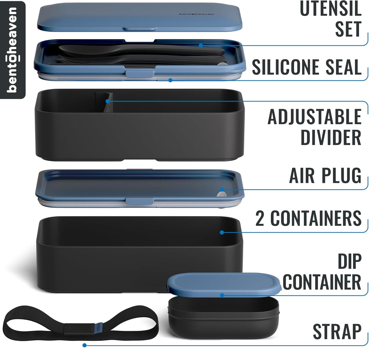 Bentoheaven Premium Bento Box Adult Lunch Box with Compartments for Women & Men, Set of Utensil & Chopsticks & Dip Container, Cute Japanese Kids Bento Lunch Box, Microwavable (Steel My Heart)