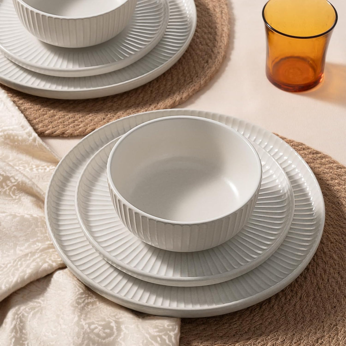 Famiware Starlight Dinnerware Sets, Plates and Bowls Dish Set of 4 (12 Pieces), Ribbed Textured Tableware - Dishwasher & Microwave Safe, Chip Resistant, Reactive Glaze, Matte Reactive White