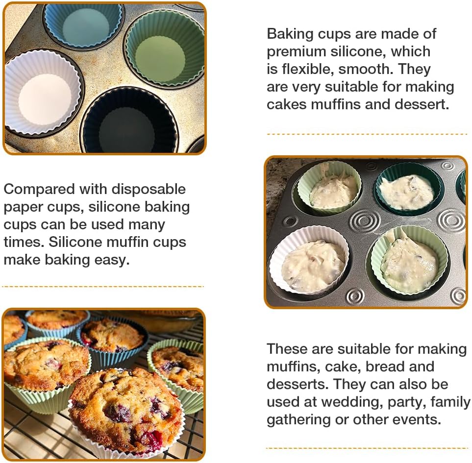 Extra Large Silicone Cupcake Muffin Cups 12 Pcs, 3.54 Inch Muffin Liners, Reusable Jumbo Silicone Baking Cups Easy to Clean, Great for Cupcake, Mousse(3 Green, White)
