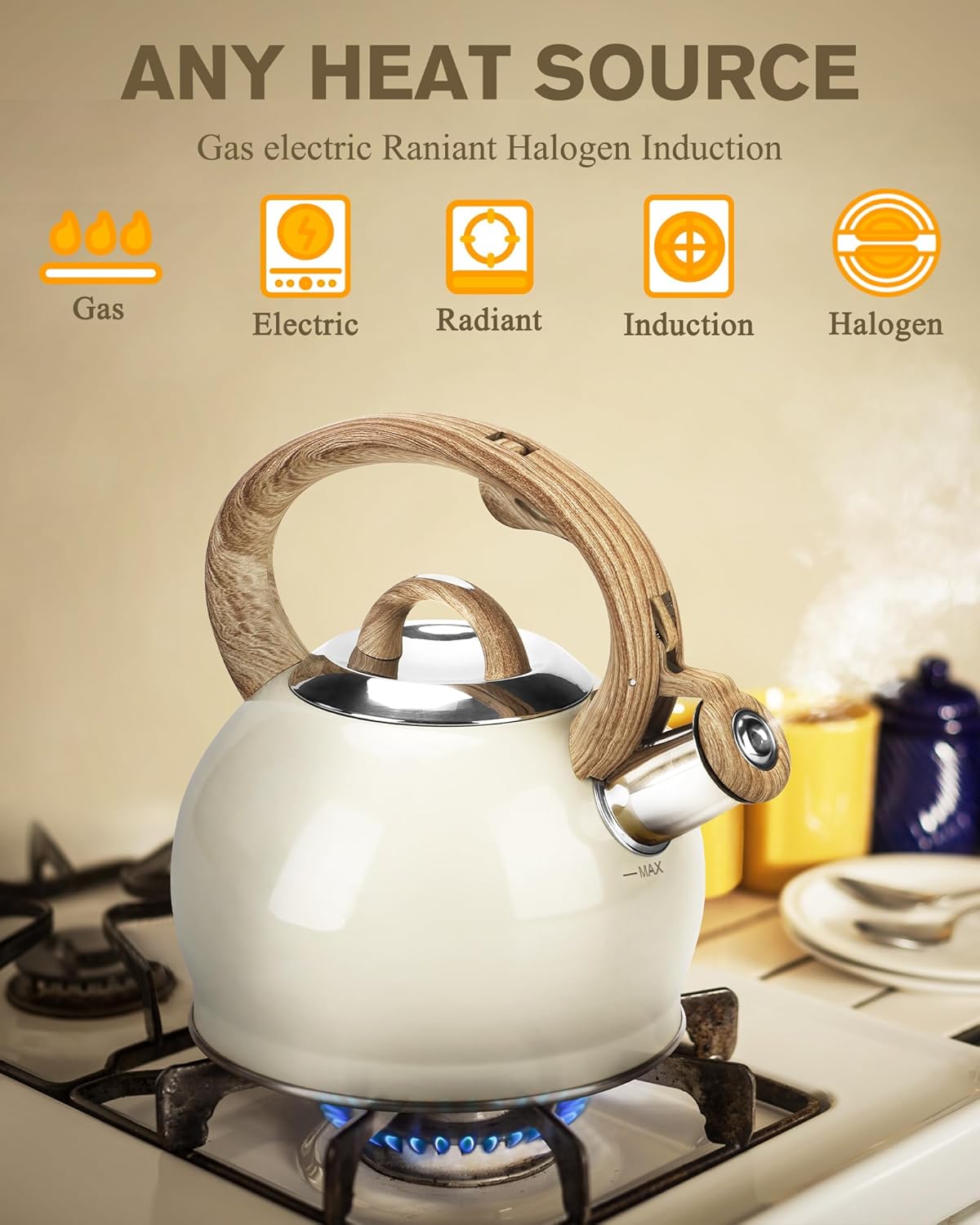 Teapot for Stovetop, 2.1 Quart Stove Top Whistling Tea Kettle, Teapot Kettles with Food Grade Stainless Steel and Wood Pattern Folding Handle, Suitable for All Heat Sources