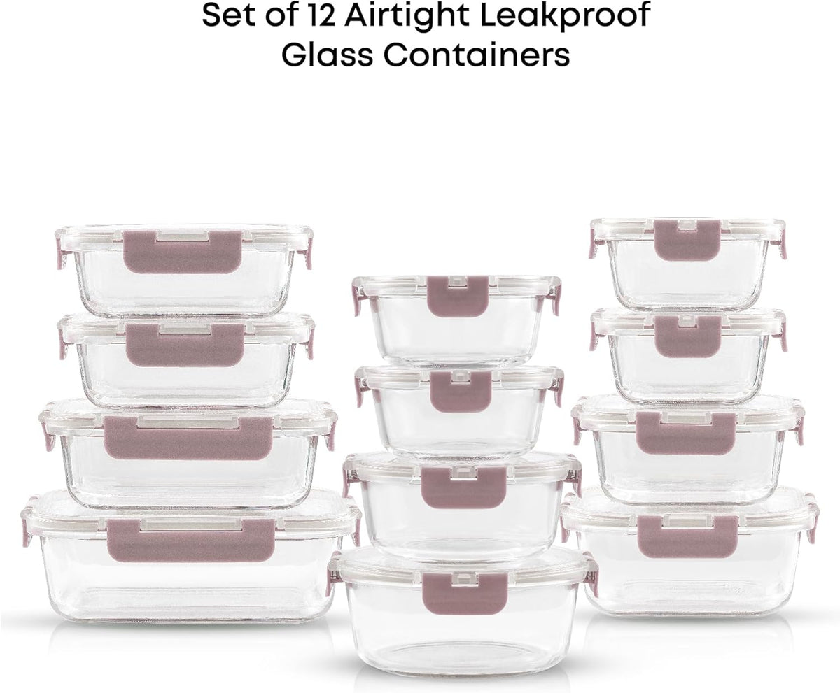 JoyJolt 24pc Borosilicate Glass Storage Containers with Lids | 12 Airtight/Freezer Safe Food Storage Containers for Pantry and Kitchen | Meal Prep Container for Lunch | Glass meal Set