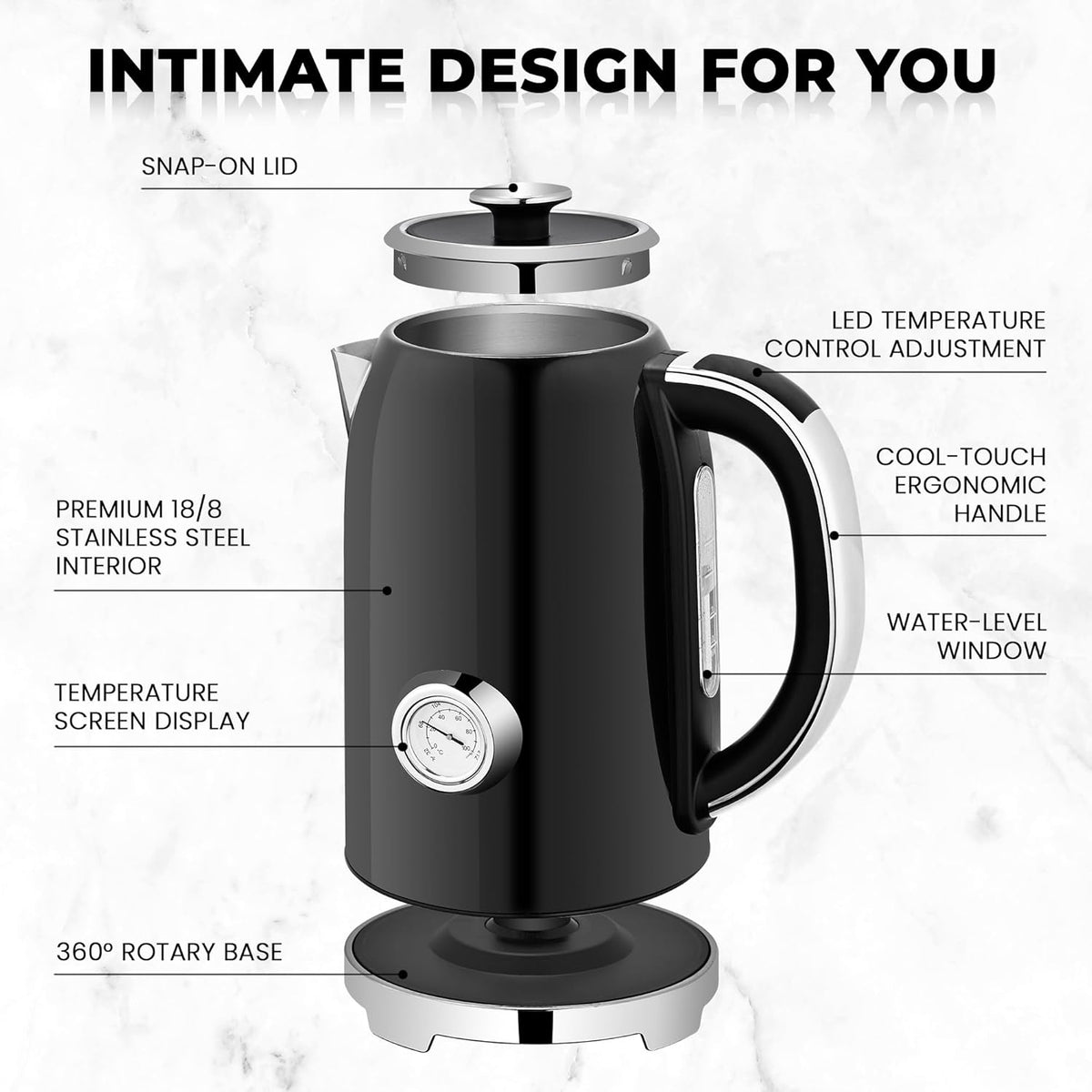 SUSTEAS Electric Kettle Temperature Control - 57oz Hot Water Boiler with Thermometer, 1500W Fast Heating Stainless Steel Tea Kettles, Cordless LED Indicator, Auto Shut-Off & Boil Dry Protection,Black