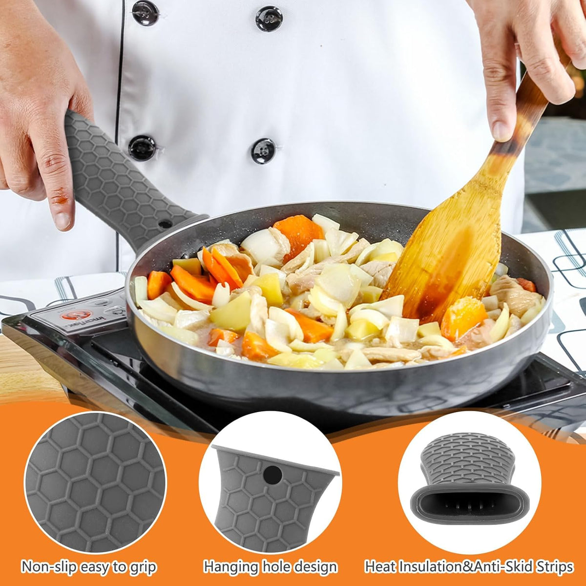Patelai 8 Pcs Silicone Pot Holders Set Cast Iron Handle Cover Heat Resistant Pot Handle Covers Potholder Non Slip Reusable Pan Sleeve for Frying Pan Kitchen Supplies(Grey)