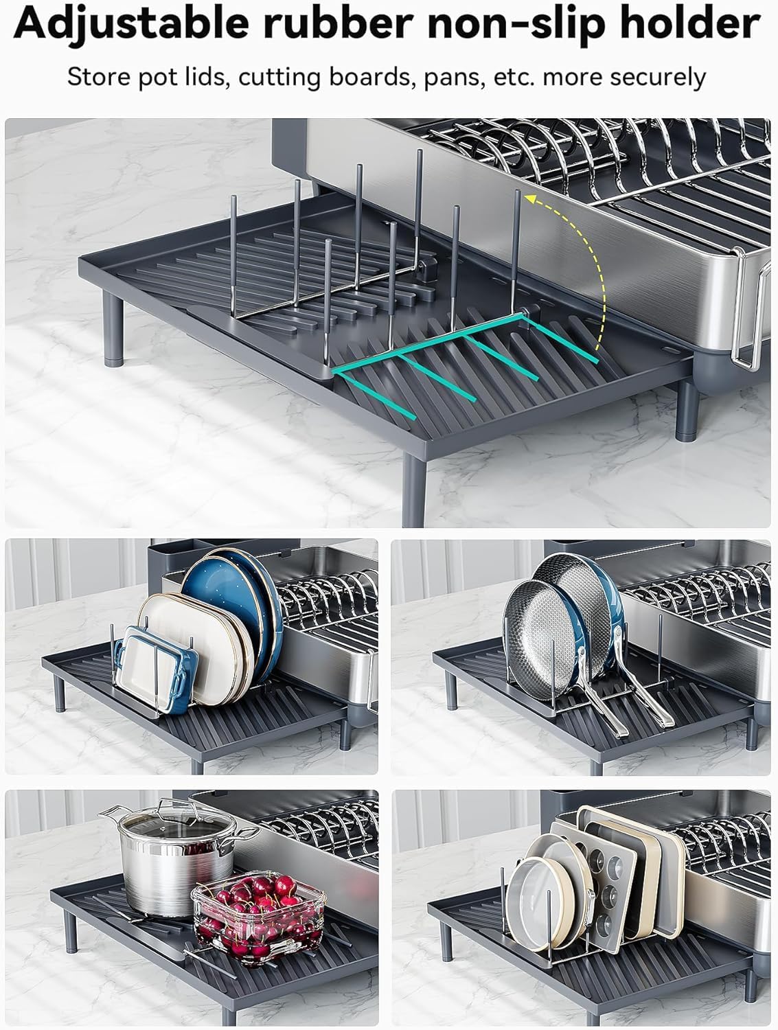 SUNLY Large Dish Drying Rack, Expandable Dish Racks for Kitchen Counter, Space Saving 304 Stainless Steel Drying Rack Kitchen, Extra Large Drainer with Multifunctional Flip Up Pegs, Gray
