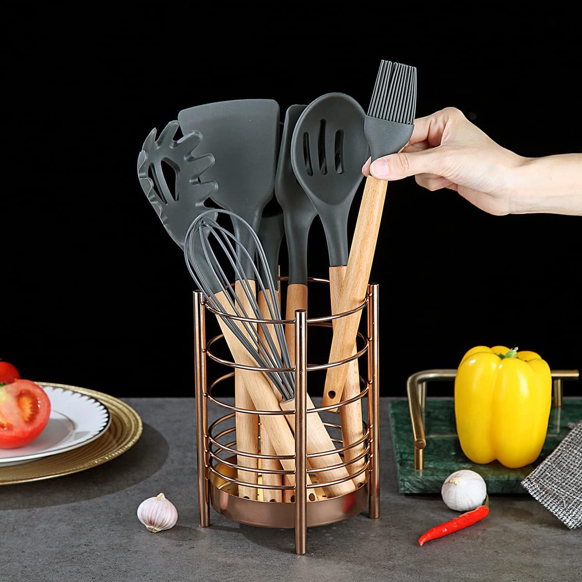 Copper Kitchen Utensil Holder for Kitchen Counter, Stainless Steel Utensil Crocks, Titanium Coating Utensil Storage Caddy Organizer, Cooking Utensil Holder, Easy Cleaning (Rose Gold/7.4''x5.2'')