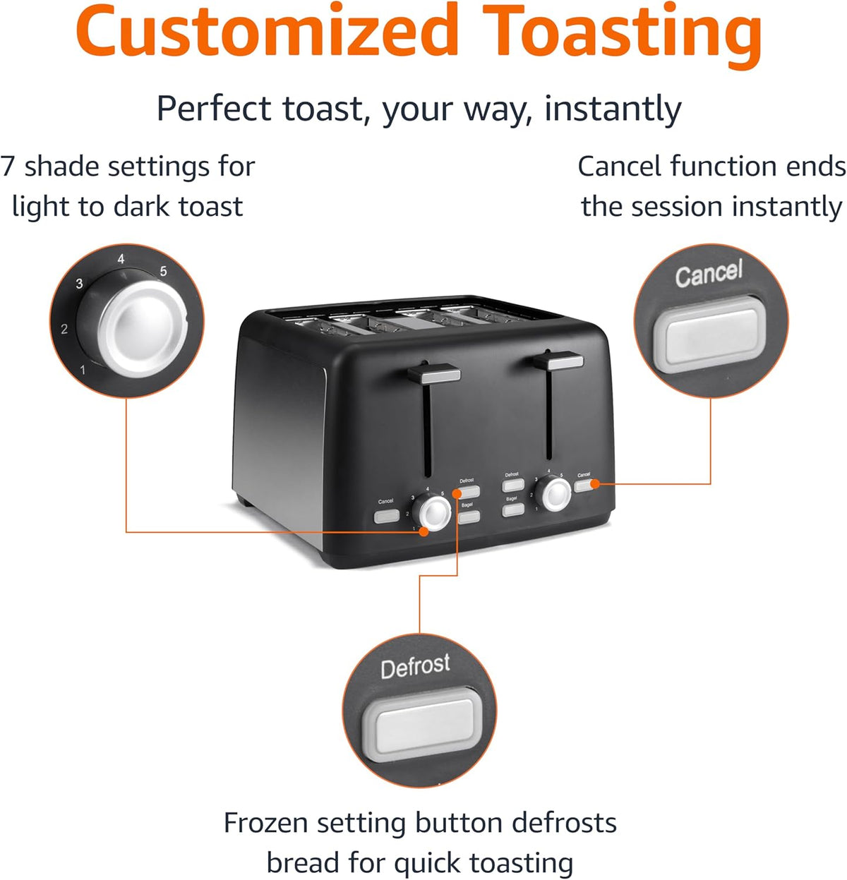 Amazon Basics 4 Slice Toaster, With 7 Browning Settings, Extra Wide Slots For Bagels and Special Breads, Removable Easy-to-Clean Crumb Trays, Cancel/Defrost/Bagel Buttons, 1500W, Black & Silver