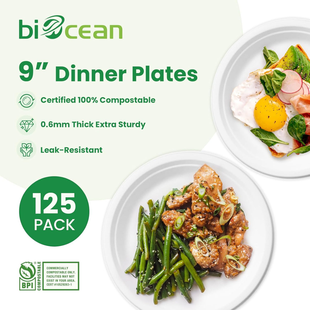 9 Inch Compostable Plates White [125 Pack] - Heavy Duty Compostable Paper Plate, Disposable Eco-Friendly Sugarcane Bagasse Plates for Dinner, Party, and Weddings (Round)