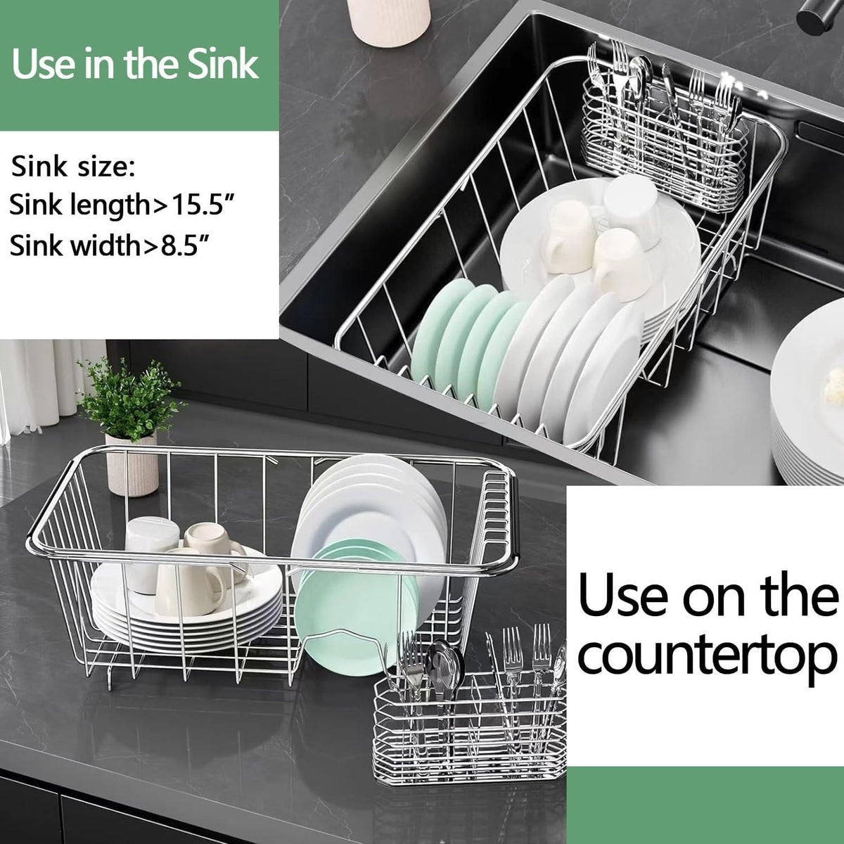 Small Dish Drainer Rack in Sink Adjustable, Expandable Stainless Steel Metal Dish Drying Rack Organizer with Stainless Steel Utensil Holder Over Inside Sink Counter, Rustproof(for 1-2 People)