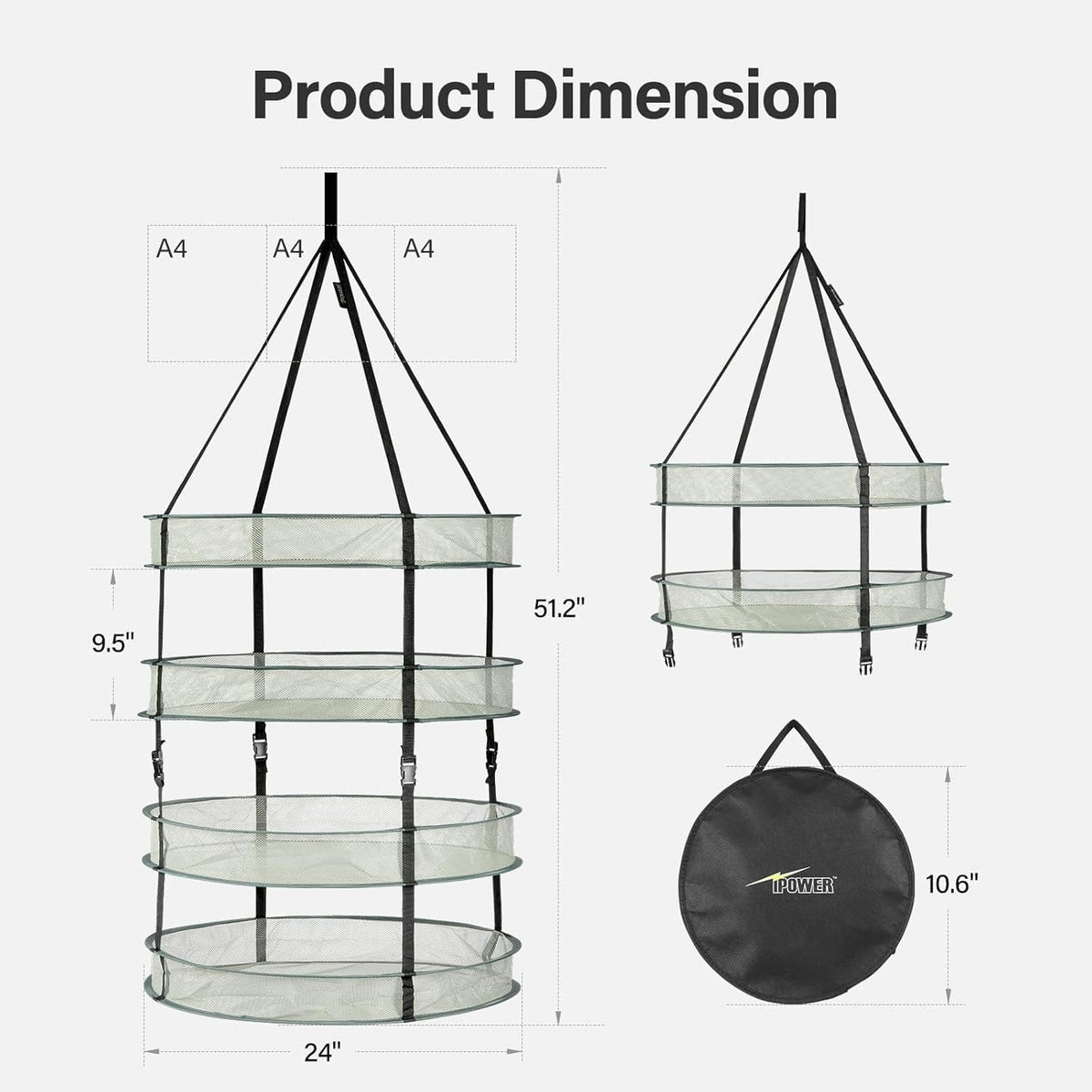 Simple Deluxe 4 Layer 24'' Herb Drying Rack with Hook, Detachable Design Hanging Dry Mesh Folding Basket Dryer for Clothes, Herbs