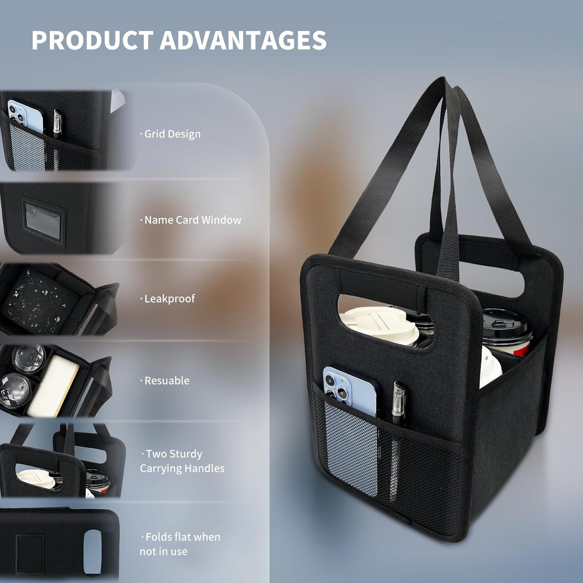 Reusable 4 Cup Drink Carrier with Handle and Adjustable Dividers, Insulated Caddy for Take Out, Foldable Coffee Cup Holder for Hot & Cold Drinks (Black)